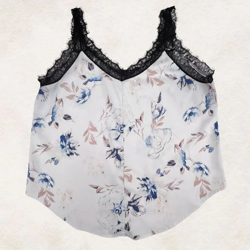 Cami XL Blue Pink Floral Lace Trim Edge Boho V Neck Romantic Lightweight Blouse - Picture 2 of 8